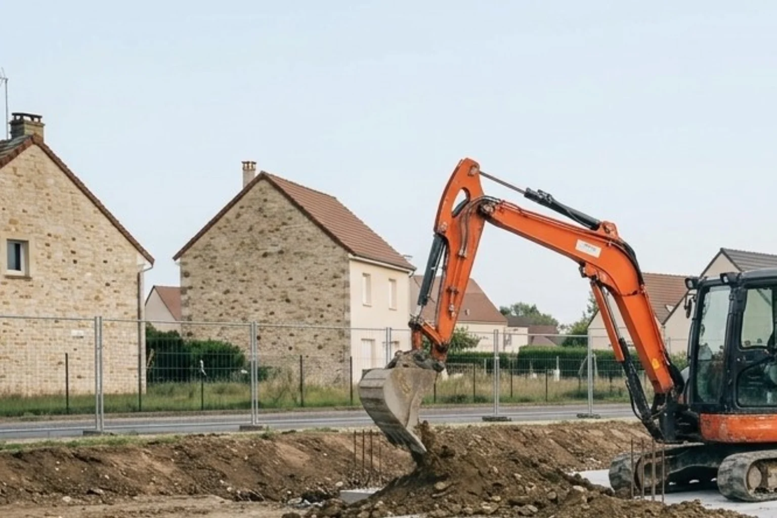Mini-pelle rouge orangé préparant un terrain avant terrassement