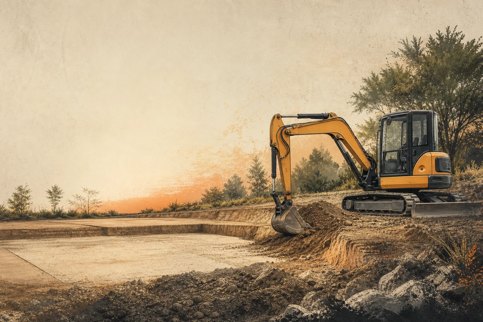 Illustration d'une minipelle préparant un terrain pour des fondations